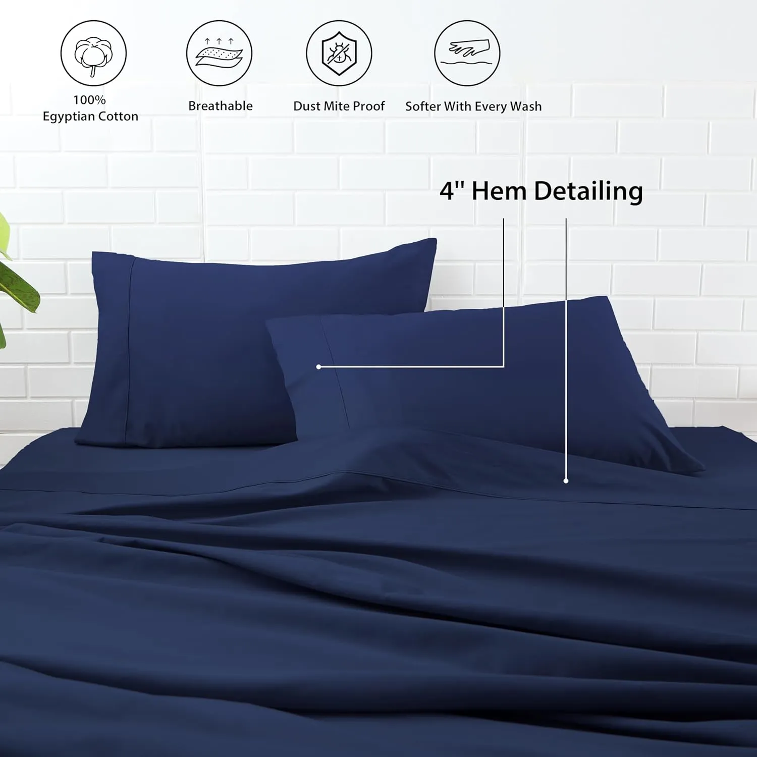 Zaizaihome 100% Cotton Bed Sheet Set 600 Thread Count, Lustrous & Smooth Sateen Weave 4 Piece Cotton Sheets, Durable Deep Pocket Sheet Set (Navy Blue Queen)