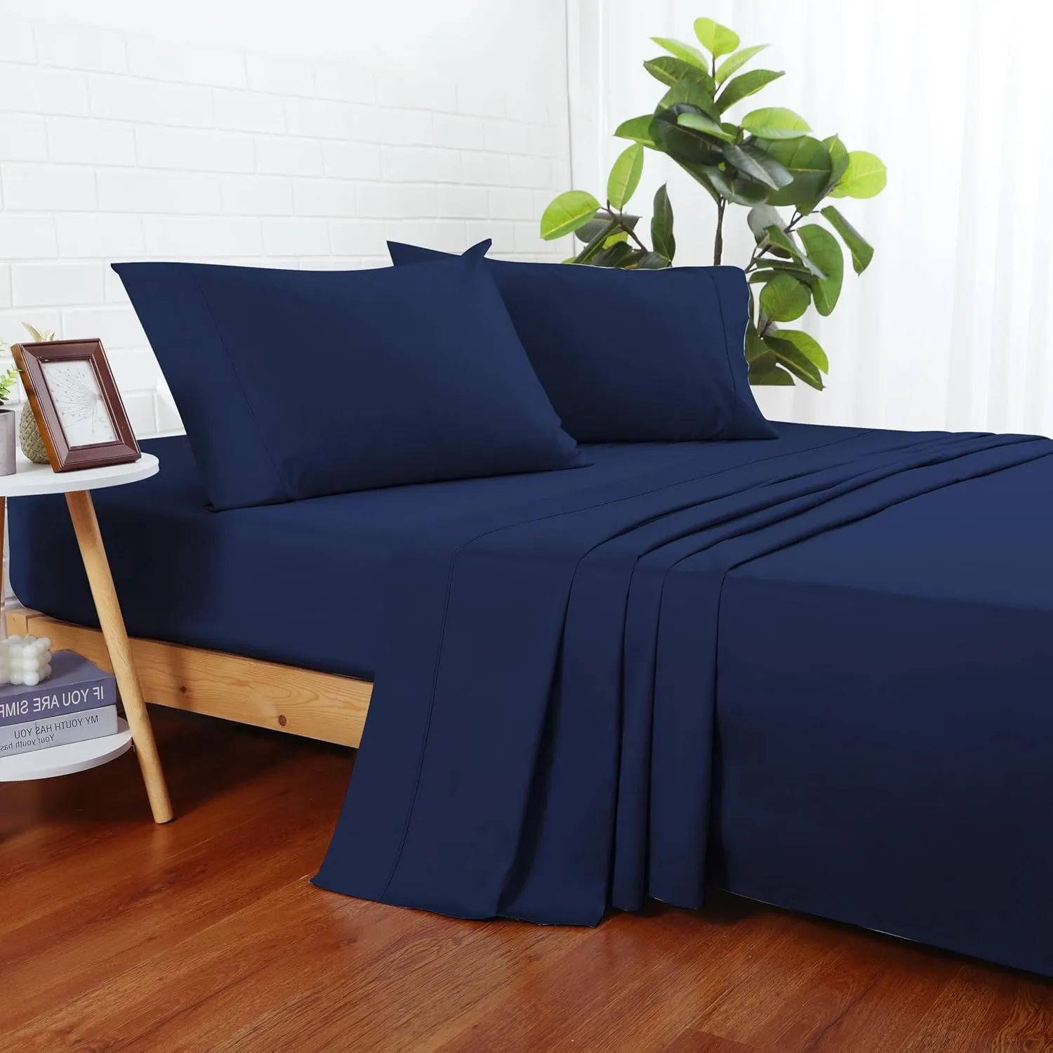 Zaizaihome 100% Cotton Bed Sheet Set 600 Thread Count, Lustrous & Smooth Sateen Weave 4 Piece Cotton Sheets, Durable Deep Pocket Sheet Set (Navy Blue Queen)