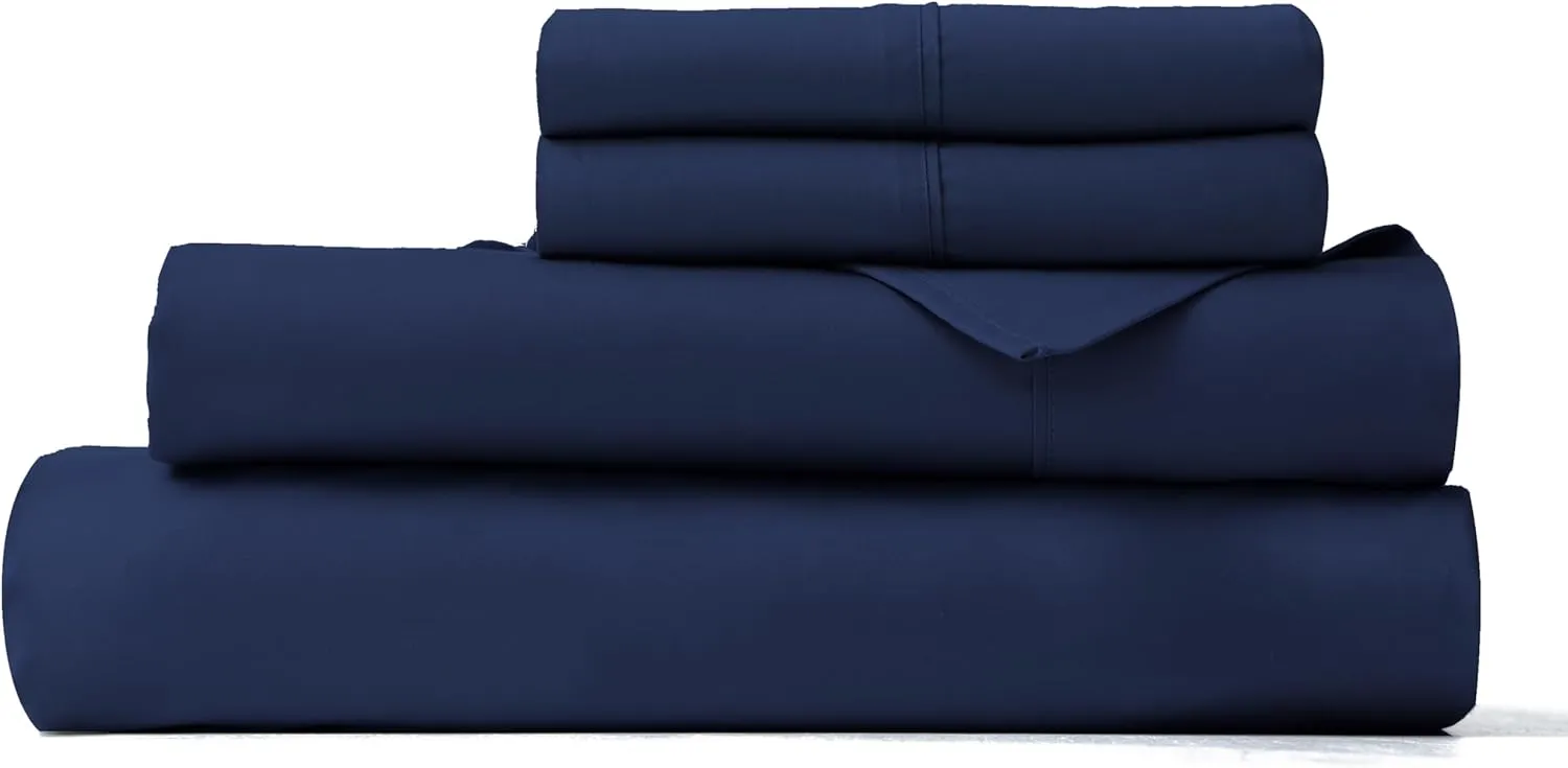 Zaizaihome 100% Cotton Bed Sheet Set 600 Thread Count, Lustrous & Smooth Sateen Weave 4 Piece Cotton Sheets, Durable Deep Pocket Sheet Set (Navy Blue Queen)