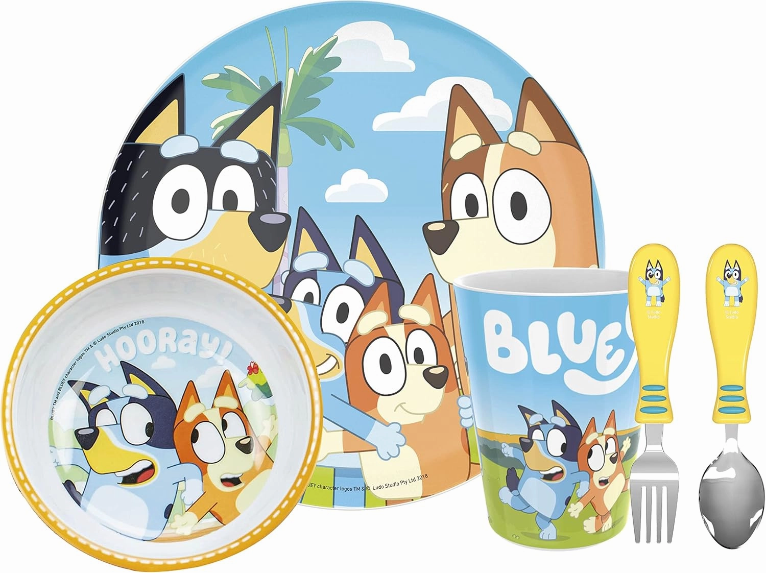 Zak Designs 5-Piece Dinnerware Set, Bluey - Durable Plastic & Stainless Steel - Includes Tumbler, 8-Inch Plate, 6-Inch Bowl, Fork & Spoon - Suitable for Kids Ages 3 