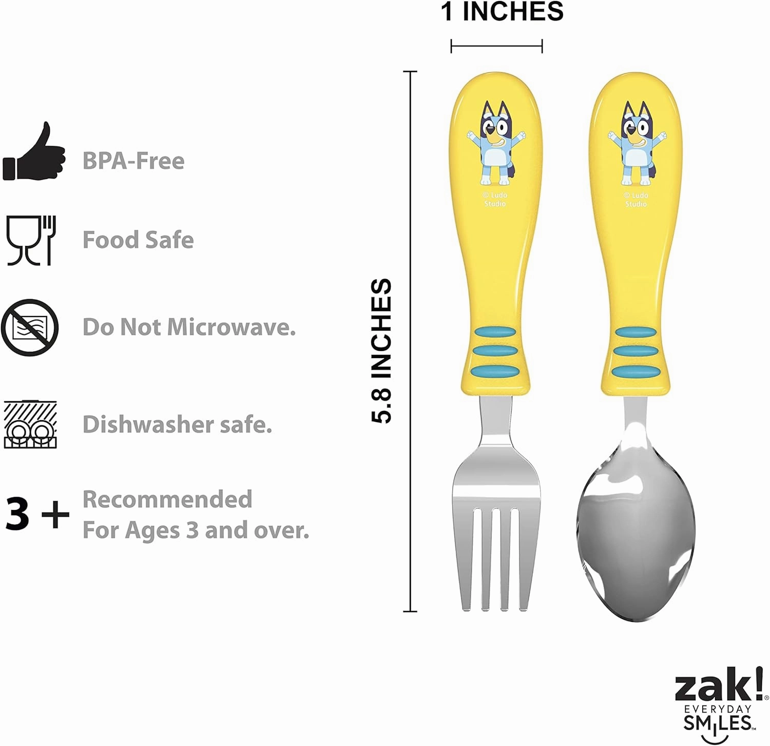 Zak Designs 5-Piece Dinnerware Set, Bluey - Durable Plastic & Stainless Steel - Includes Tumbler, 8-Inch Plate, 6-Inch Bowl, Fork & Spoon - Suitable for Kids Ages 3 
