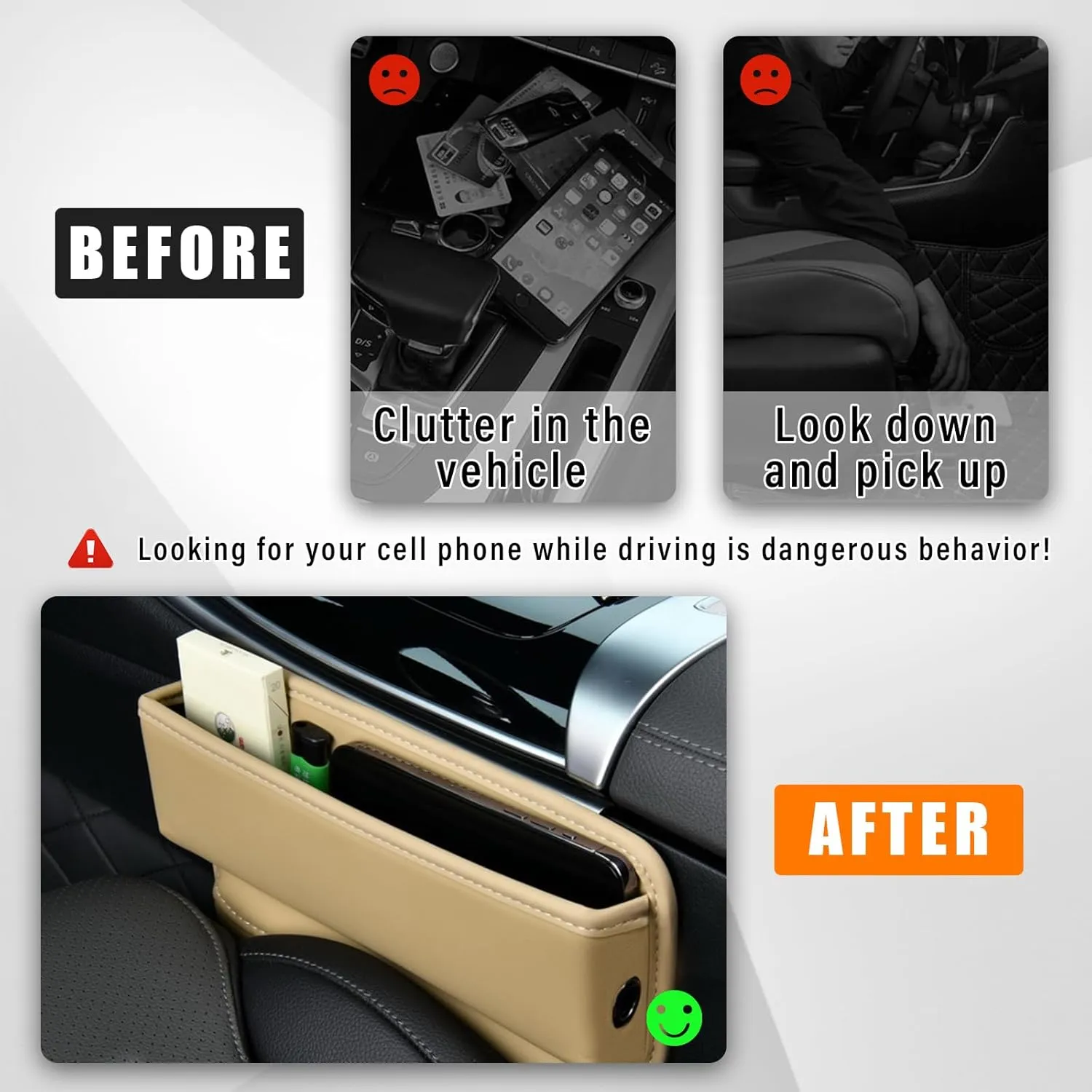 Ziciner Car Seat Gap Organizer, Premium Leather Auto Seat Storage Box, Vehicle Adjustable Front Seat Gap Filler, Car Seat Side Pocket Organizer for Phones, Glasses, Keys, Money, Cards (Beige)
