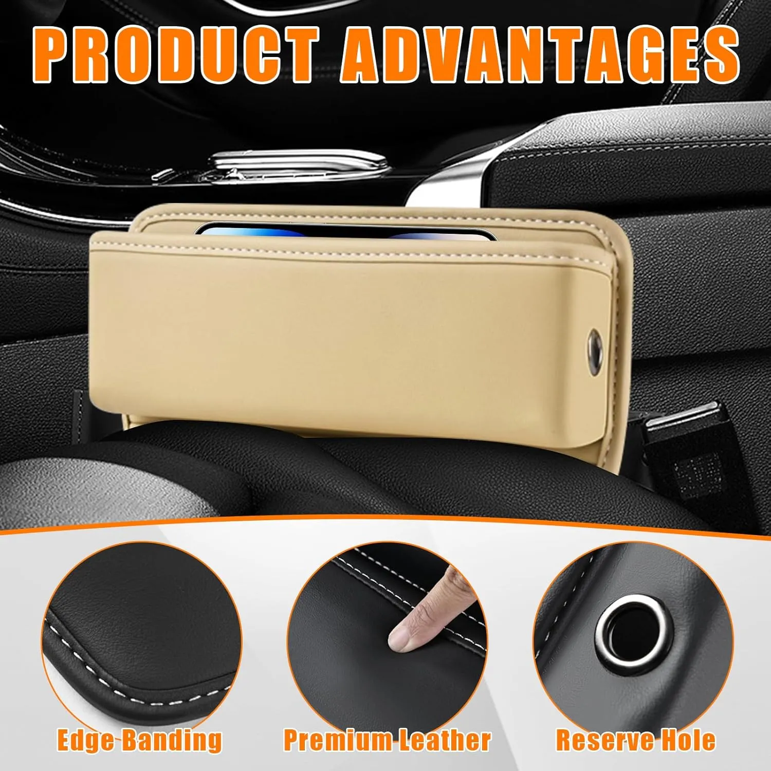 Ziciner Car Seat Gap Organizer, Premium Leather Auto Seat Storage Box, Vehicle Adjustable Front Seat Gap Filler, Car Seat Side Pocket Organizer for Phones, Glasses, Keys, Money, Cards (Beige)