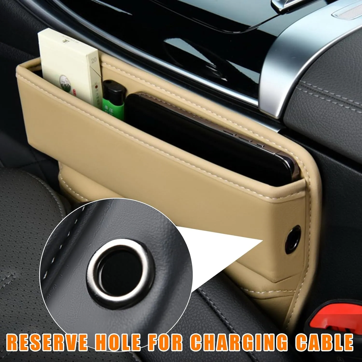 Ziciner Car Seat Gap Organizer, Premium Leather Auto Seat Storage Box, Vehicle Adjustable Front Seat Gap Filler, Car Seat Side Pocket Organizer for Phones, Glasses, Keys, Money, Cards (Beige)