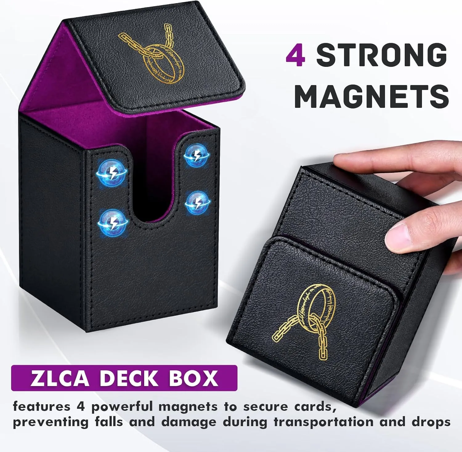 ZLCA Card Deck Box for MTG Cards with 2 Dividers, Card Storage Box Fits 100  Single Sleeved Cards, PU Leather TCG Card Deck Case Holder for Magic Commander Yugioh (Black&Purple,Ring)