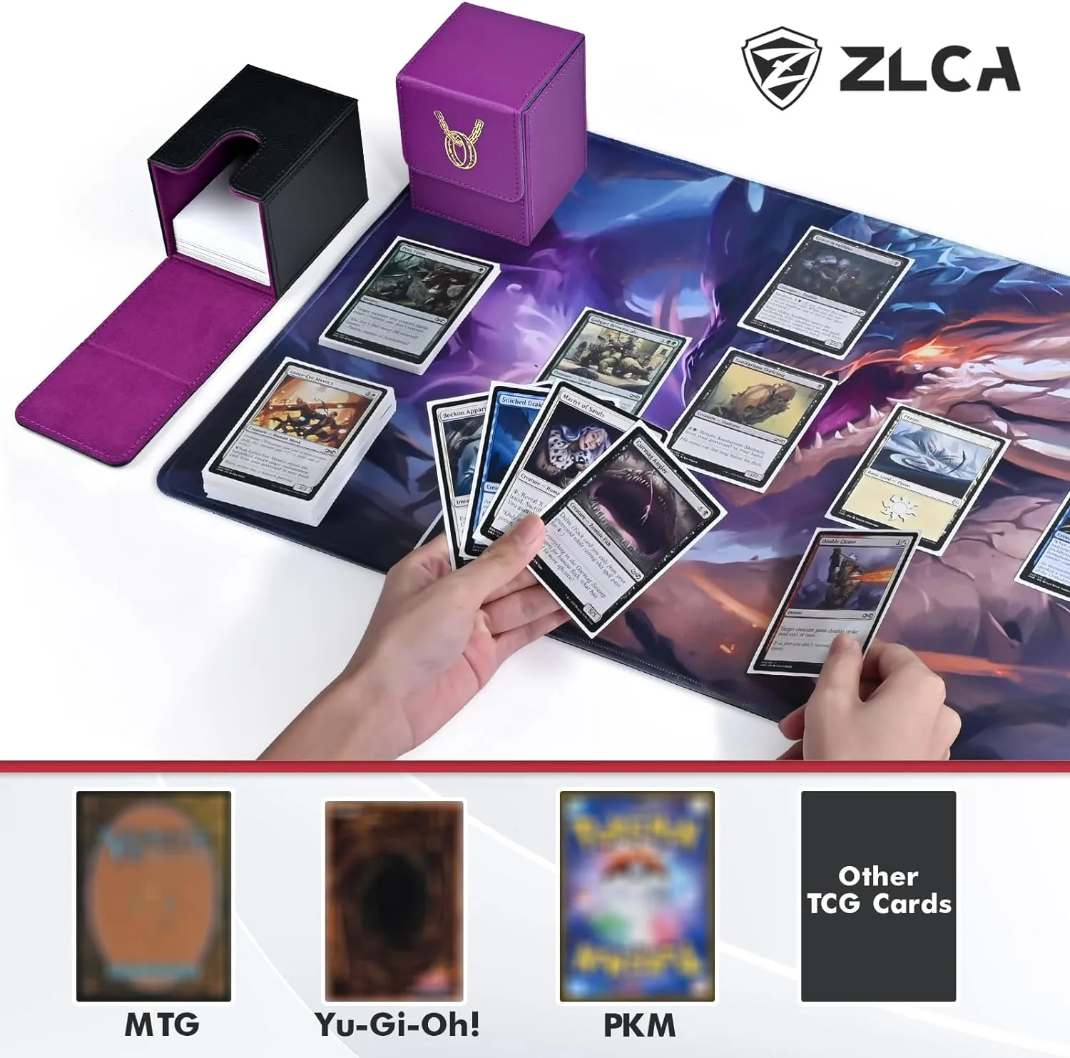 ZLCA Card Deck Box for MTG Cards with 2 Dividers, Card Storage Box Fits 100  Single Sleeved Cards, PU Leather TCG Card Deck Case Holder for Magic Commander Yugioh (Black&Purple,Ring)