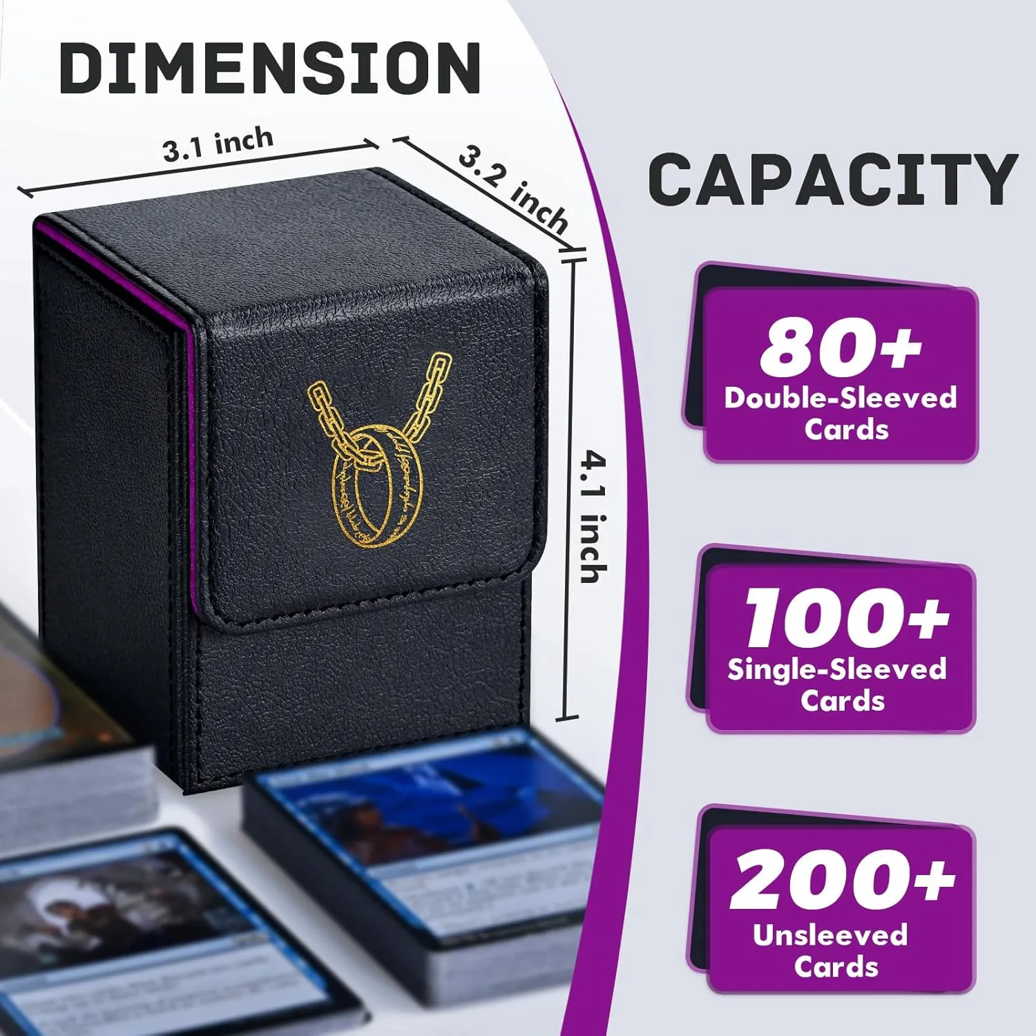 ZLCA Card Deck Box for MTG Cards with 2 Dividers, Card Storage Box Fits 100  Single Sleeved Cards, PU Leather TCG Card Deck Case Holder for Magic Commander Yugioh (Black&Purple,Ring)