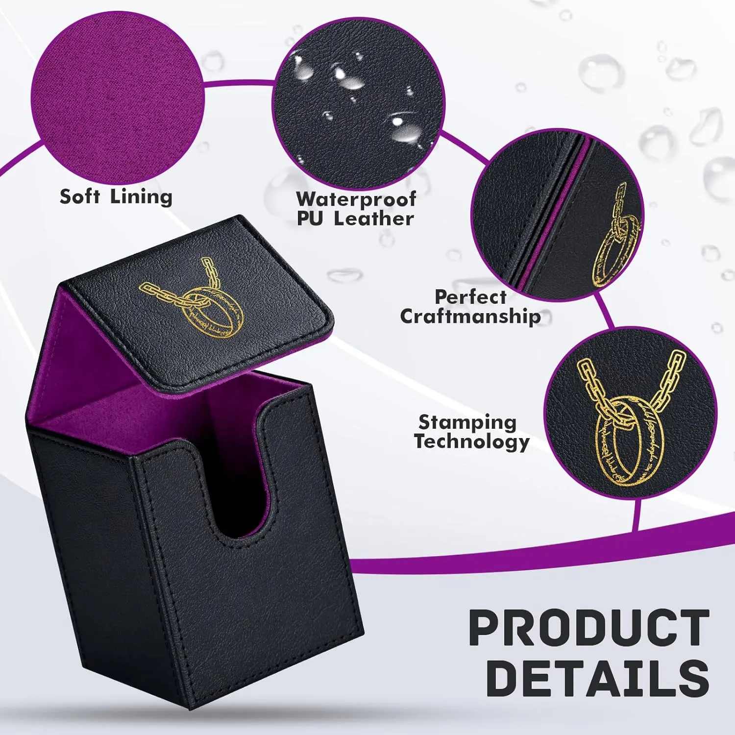 ZLCA Card Deck Box for MTG Cards with 2 Dividers, Card Storage Box Fits 100  Single Sleeved Cards, PU Leather TCG Card Deck Case Holder for Magic Commander Yugioh (Black&Purple,Ring)