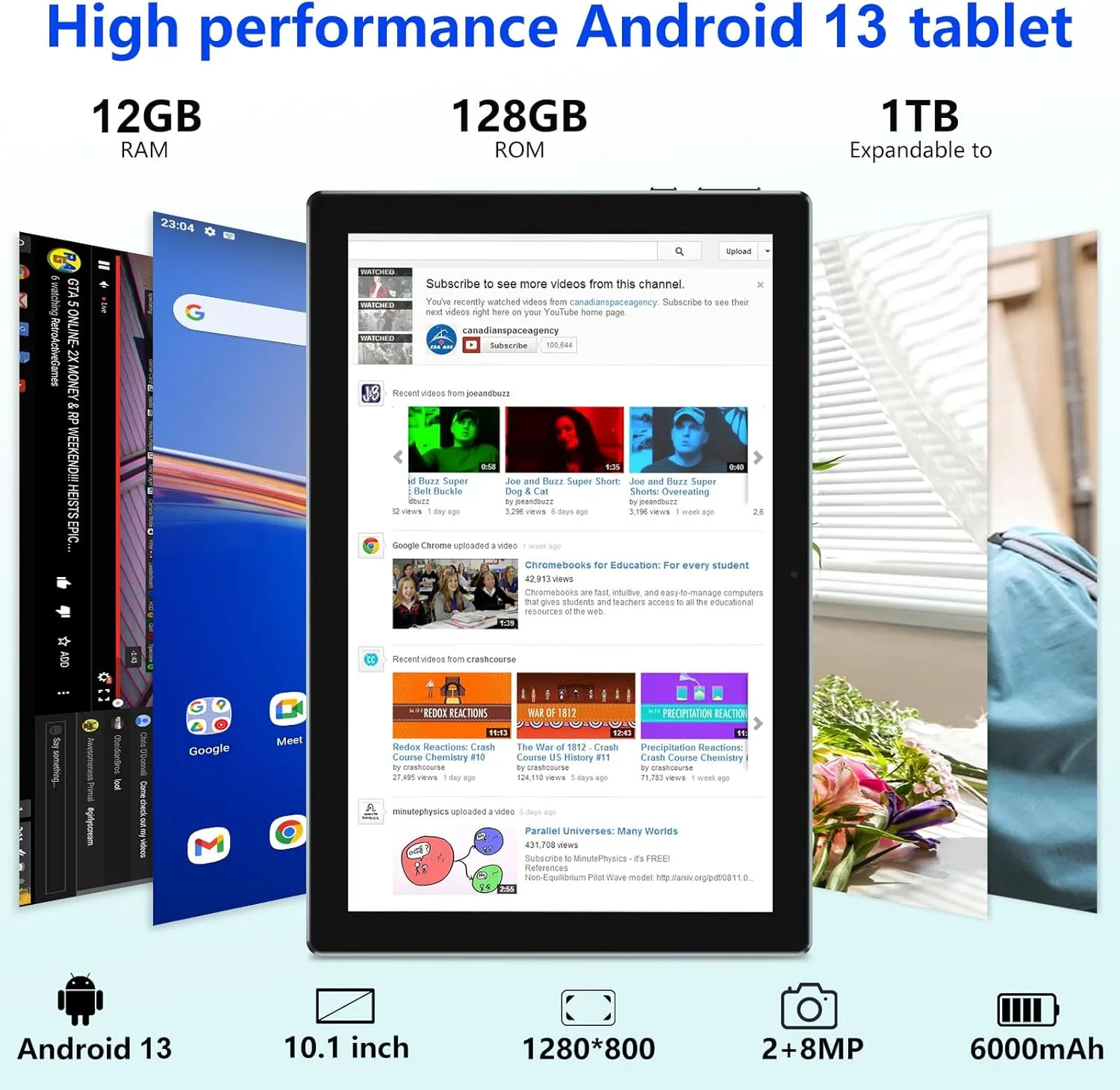 ZZB Tablet with Keyboard 10 inch Tablet 2 in 1 Tablets Including Mouse Case Stylus 12GB 128GB Supports 1TB Expansion Android 13 Tableta 10.1" HD Touch Screen 8MP Dual Camera BT WIFI6 5G Android Tab